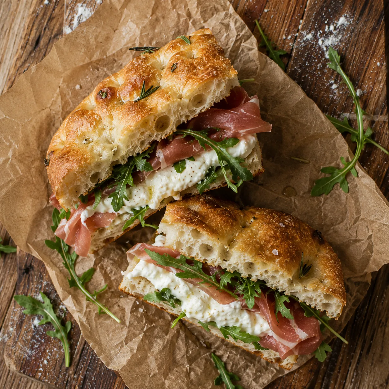 Przekrojona kanapka focaccia z szynką dojrzewającą i rukolą na papierze do pieczenia