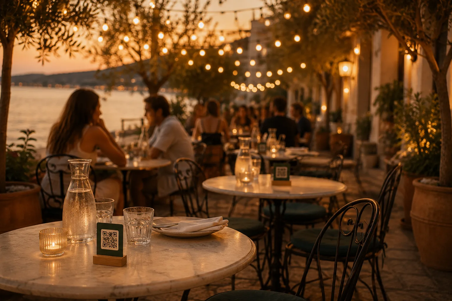 Pełny letni taras restauracji wieczorem