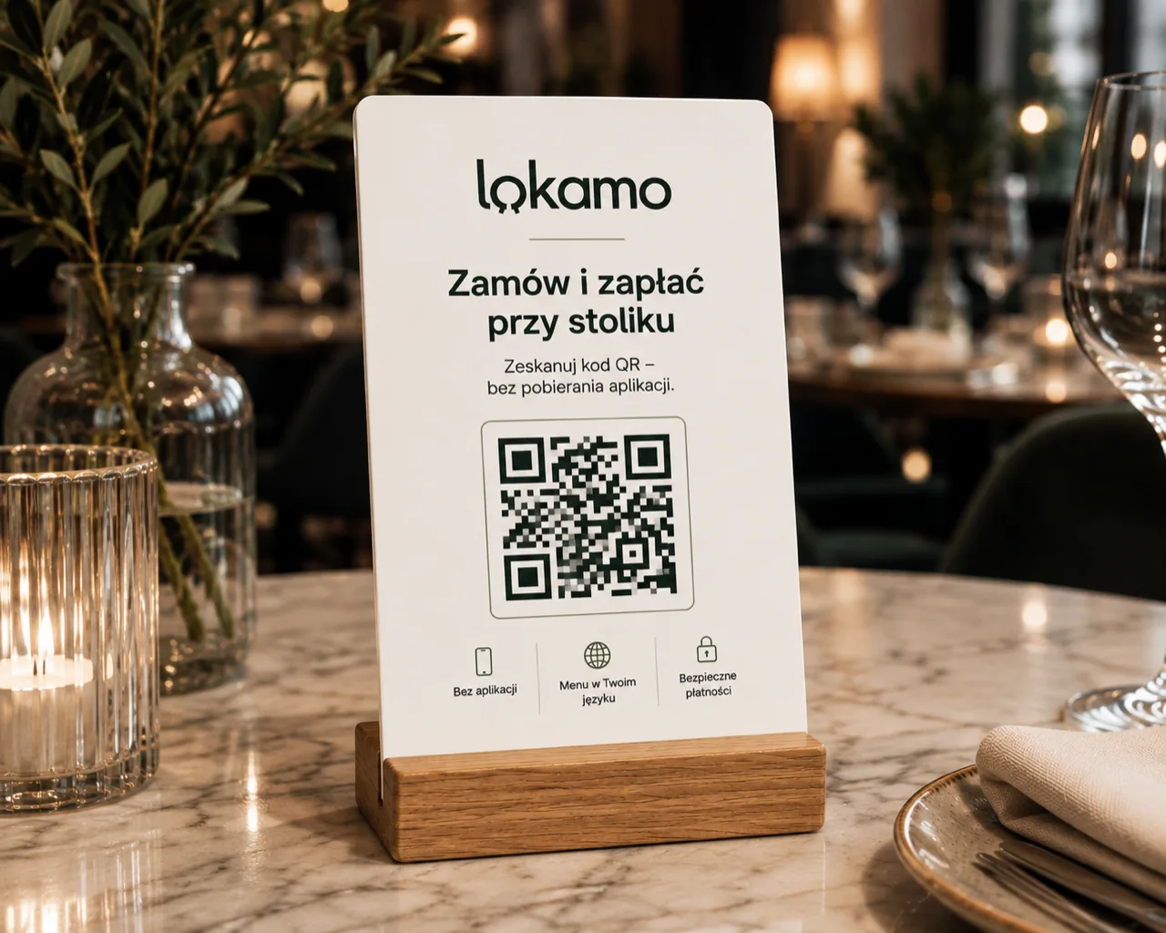 Stojak Lokamo z kodem QR na stoliku restauracji, obok świecy i kieliszków