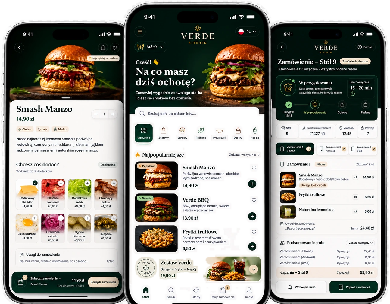 Trzy ekrany aplikacji Lokamo: karta dania z limitem dodatków, menu stolika i wspólne zamówienie z przyciskami wezwania kelnera oraz prośby o rachunek