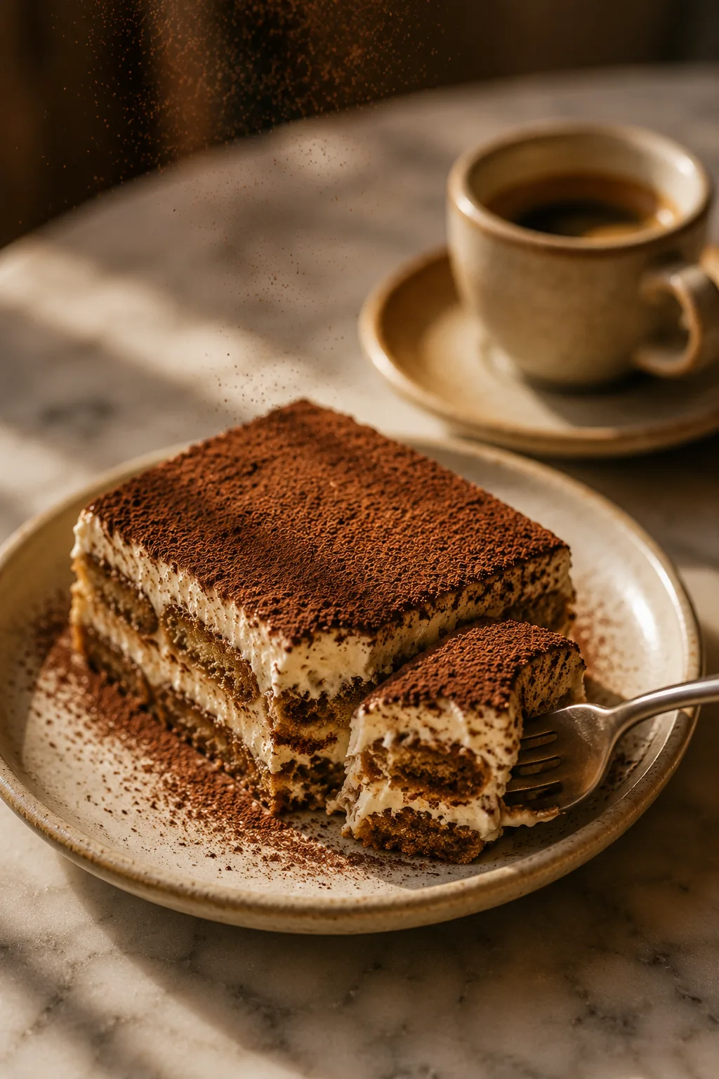 Talerz tiramisu z filiżanką kawy na stoliku restauracji