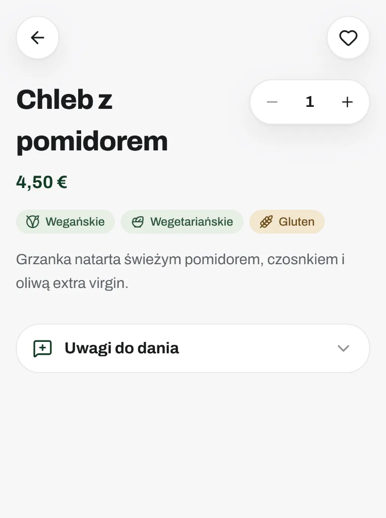 Strona dania w karcie Lokamo: oznaczenia wegańskie i wegetariańskie, ostrzeżenie o glutenie i uwagi do dania