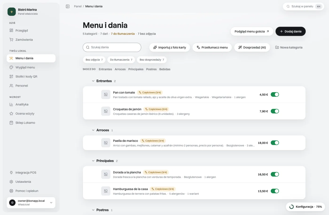 Panel Menu i dania: lista pozycji z cenami, przełączniki dostępności, import z foto karty i tłumaczenie menu