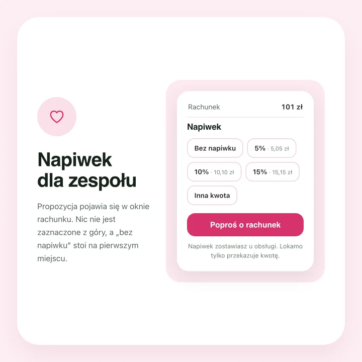 Okno napiwku z opcją bez napiwku, progami 5, 10 i 15 procent oraz polem na własną kwotę, nic nie jest zaznaczone