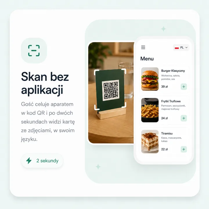 Zielony stojak z kodem QR na stoliku obok telefonu z otwartą kartą menu